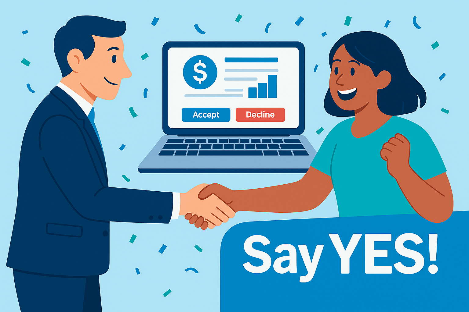 Recruiter and candidate shake hands in front of laptop showing interactive job offer with Accept and Decline buttons amid celebratory confetti