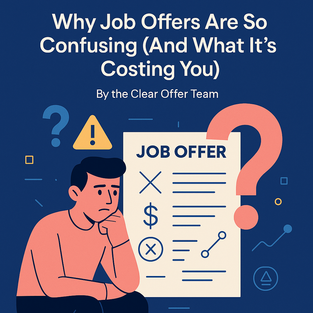 Confused candidate looking at a complex job offer document filled with jargon and unclear compensation details